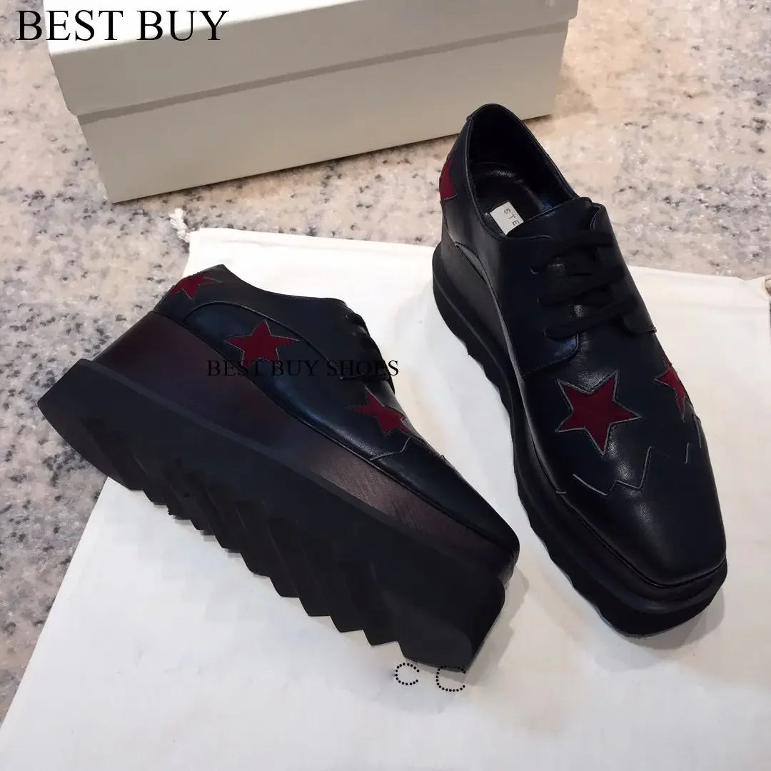 Women Fashion patent Stars high Loafers Shoes Lady Square Toe lace-up Thick Bottom Platform Wedge Shoes For Women sneakers