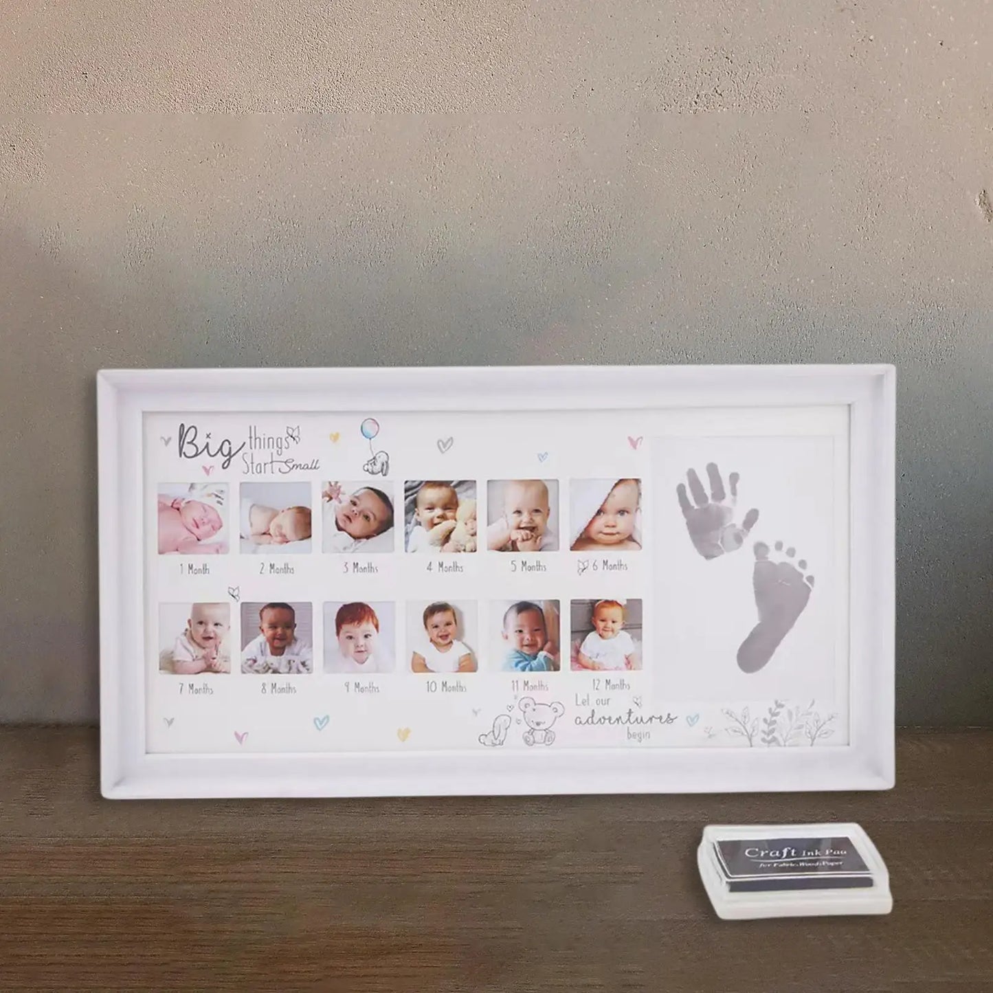 Baby Photo Frame Newborn DIY 0-12 Month Kids Gift My First Year Baby Shower Picture Frame with Ink Pad Footprint & Handprint