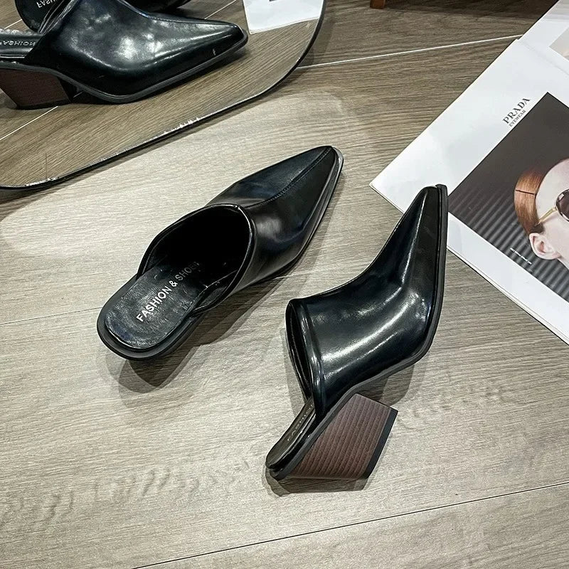 2024 Spring Summer New  Slippers Sexy Pointed Toe Slip on Shoes  Mules Female Fashion Thick Heel Outdoor Dress Sandals