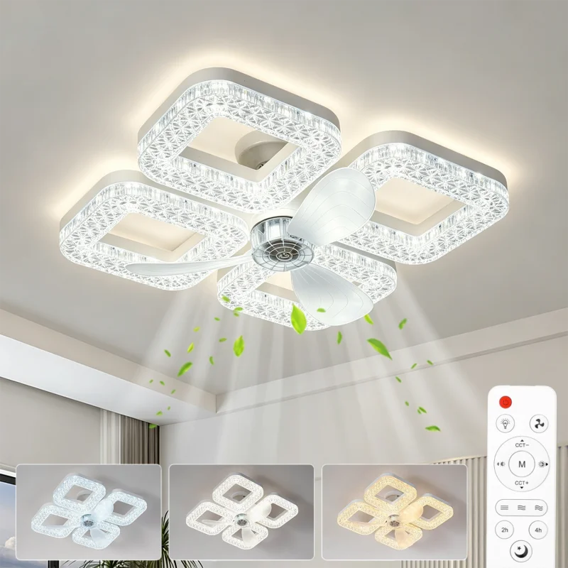 Ceiling Fan Light, E27 Base Remote Control 3000K-6500K Stepless Dimmable Color, 3 Speeds Timer LED Fan Lamp for Living Room