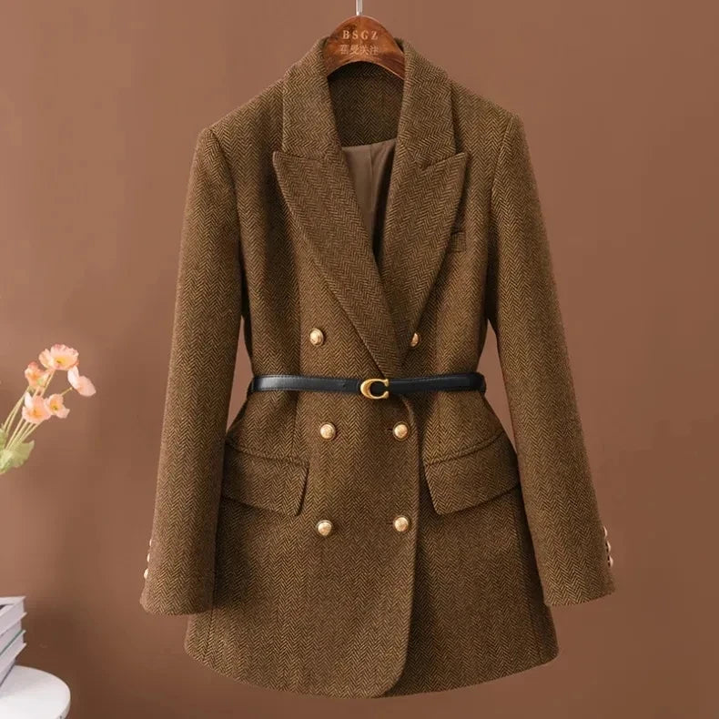 2025 New Women Long-Sleeved Suit Jacket Woolen Coat Double-Breasted Fashion Suit Mid-Length Jacket Women Autumn Winter Outwear