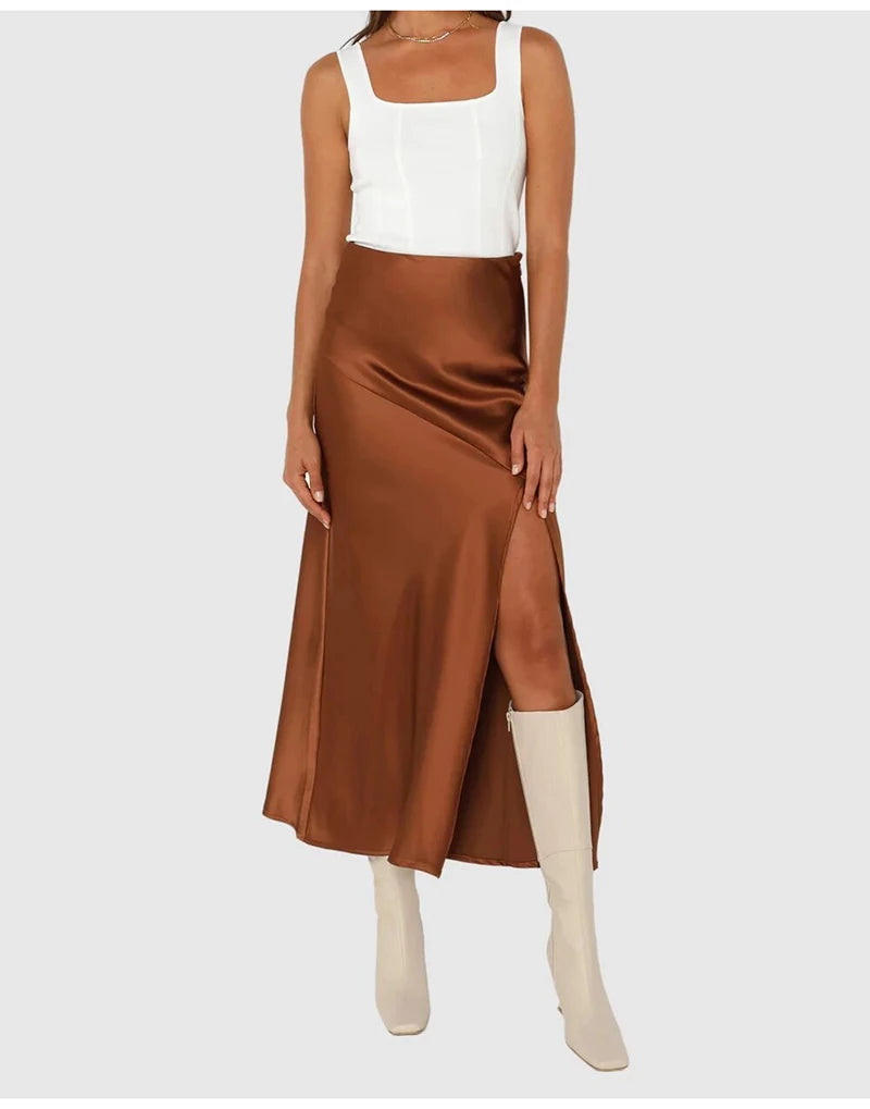 Summer Satin Skirts For Woman Office Maxi A Line Black Silk Skirts With Slit Lady High Waist Women Patchwork Skirt Long Elegant
