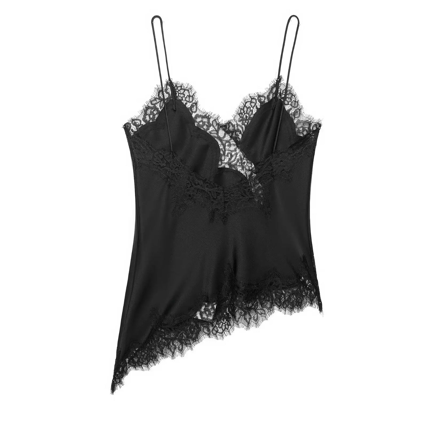 HH Summer Women Chic Sexy Lace Spliced Suspender Tops Woman V-neck Sleeveless Backless Hollow Asymmetrical Hem Design Top