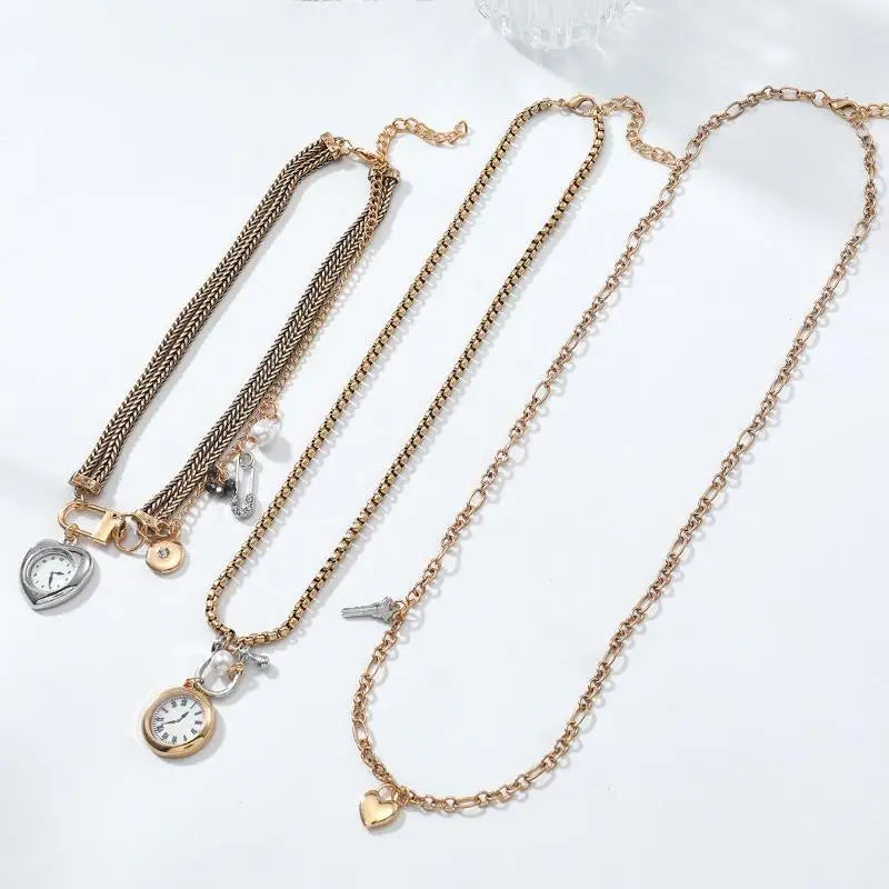 Necklace with Fashion Pin, Button Key, Heart Pendant for Women; Bohemian Multi-Strand Clavicle Chain Accessory