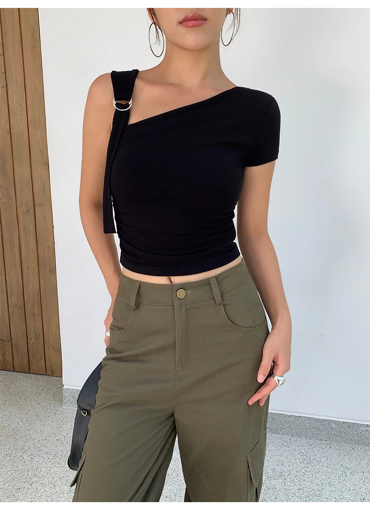 Women Tops Summer Sexy Off Shoulder Crop Tops Casual Female Sling T-shirt Short Sleeved Elastic Fashion White Tees Slash Neck
