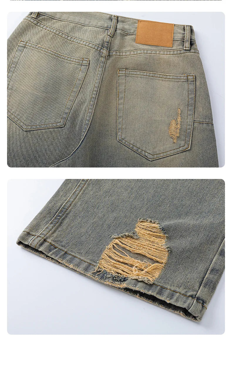 2025 Stylish Minimalistic Washed Ripped Denim Pants for Men Retro High Street Loose Wide Leg Pants for Spring and Autumn