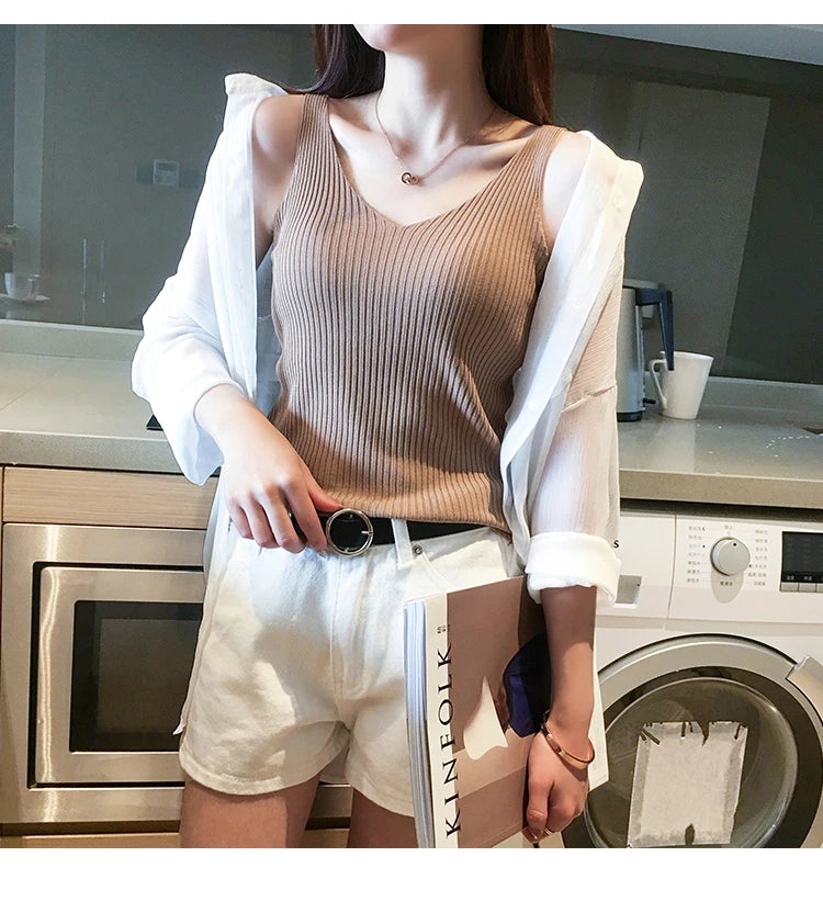 Summer Casual Tank Top Women Sleeveless Knitted T-Shirts Female Elastic Slim Vests Crop Tops Tanks & Camis Pullover Shirts