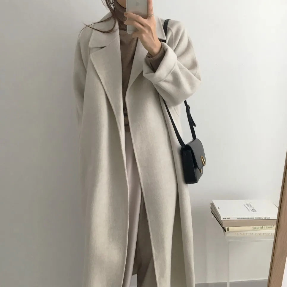 Elegant Woolen Coat Women's 2025 Autumn Winter Mid Length Adjustable Waist Thick Casual Long Sleeve Fashion Wool Coats Female