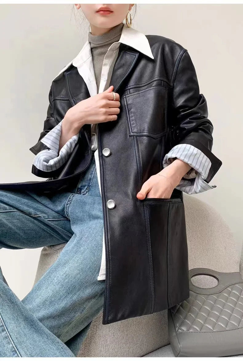 2025 Autumn Women's Oversized Real Leather Jacket Female 100% Sheepskin Retro Brown Broad Shoulder Suit Coat Streetwear Blazer