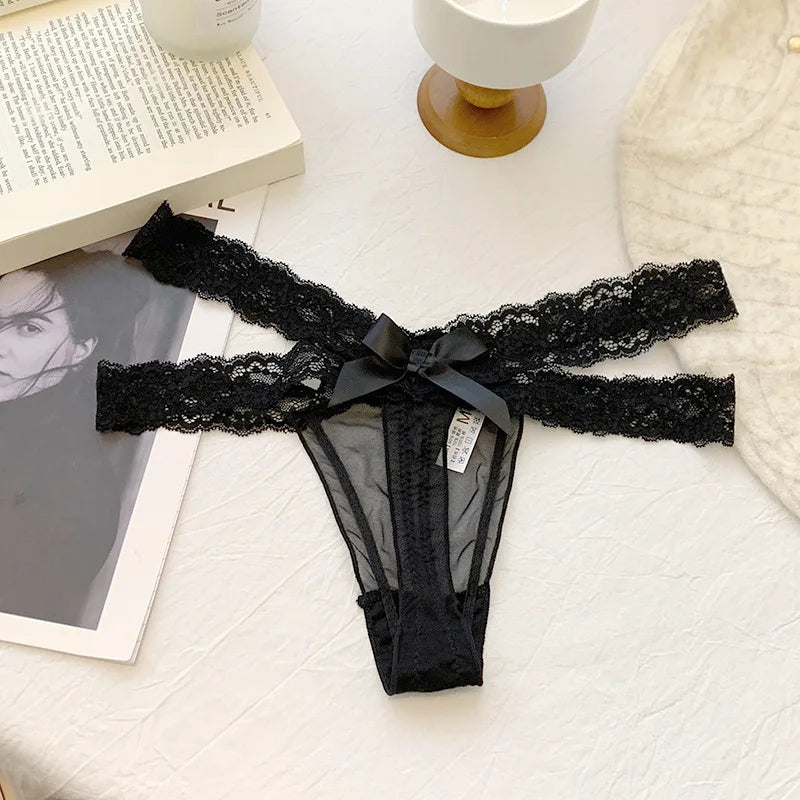Thongs Woman Sexy Female Lingerie Women's Panties Women's Lace Thong Low Waist G-String Mesh Bow Detail Breathable Ladies Briefs