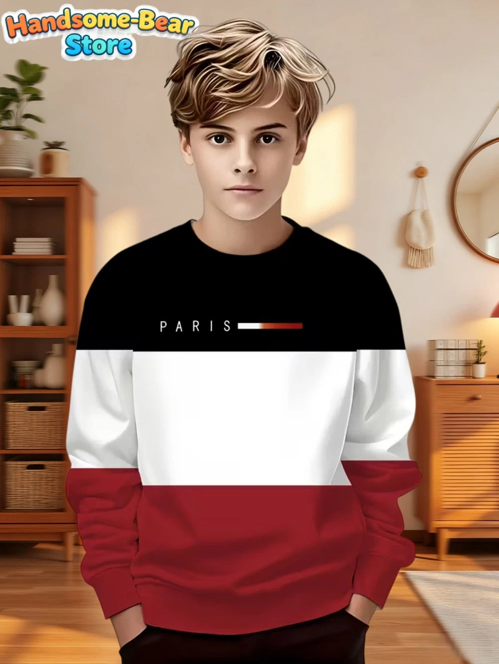 Autumn Classic Boys Sweatshirt Outdoor Round Neck Long Sleeves Top Stripe 3D Print Loose Hoodies Streetwear Children's Clothing