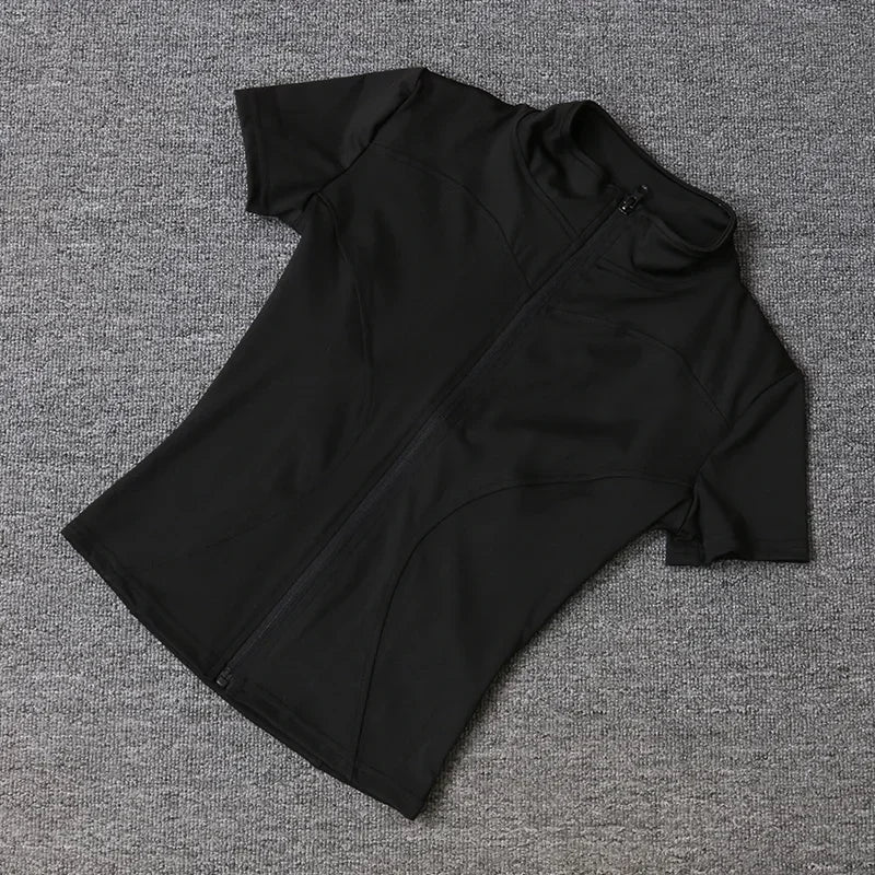 Summer High Quality Waist Slimming Training Tops Women's Quick-drying Tight Stand Collar Full Zipper Short Sleeves Yoga shirts
