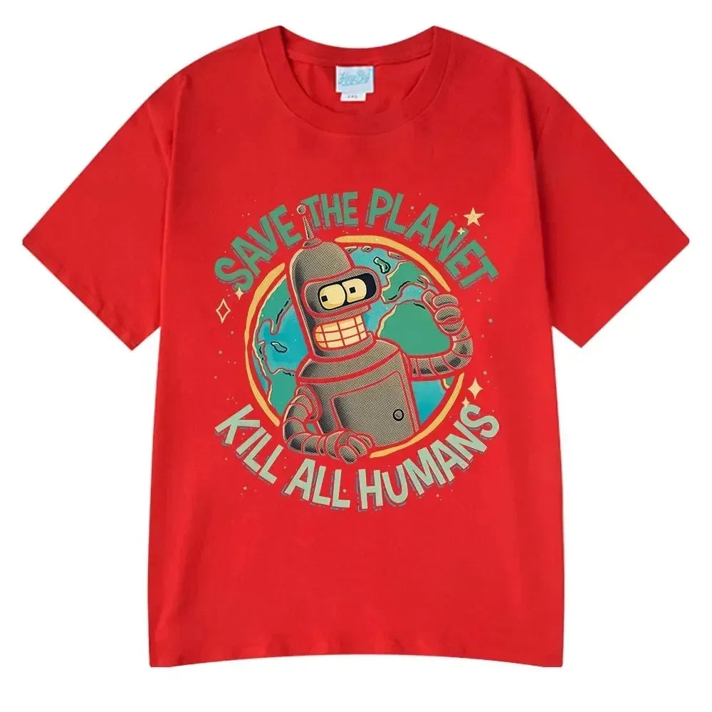 Summer Fashion Hot Save The Planet Kill All Humans Funny Tops Robot Print Oversized T-Shirts Men Women Short Sleeve Cotton Tops