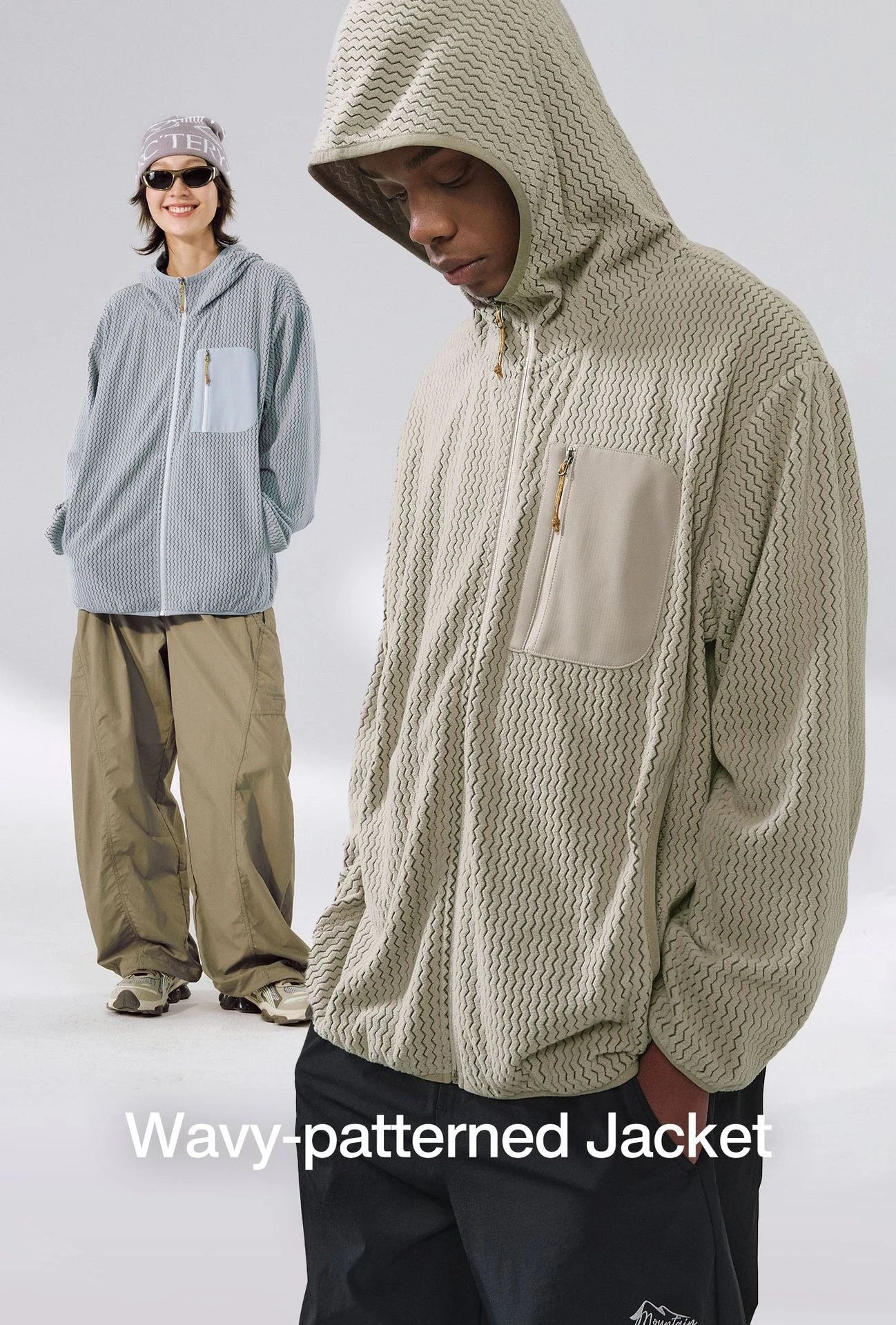 Winter Outdoor Windproof Wavy - Patterned Stand - Collar Zip - Up Jacket Unisex Loose-fitting Casual Warm Windproof Jacket.