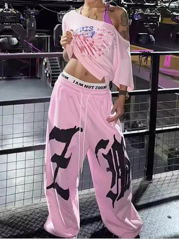 American Hiphop Street Dance Letter Print Loose Sports Pants Double Waist for Women Casual Wide Leg Pants Comfortable Fit