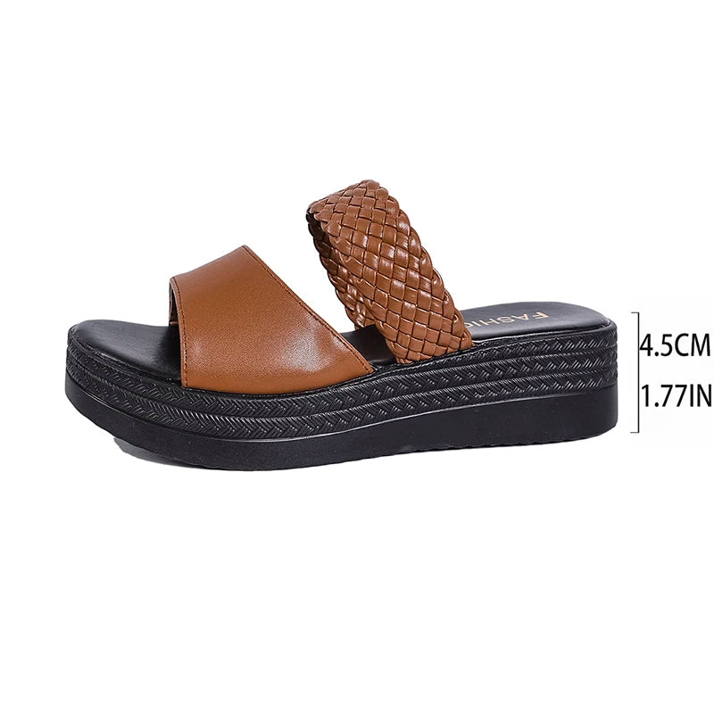 Women's Brown Woven Platform Sandals Non Slip Thick Sole Outdoor Slippers Woman Plus Size 43 Wedge Heels Summer Shoes Footwear