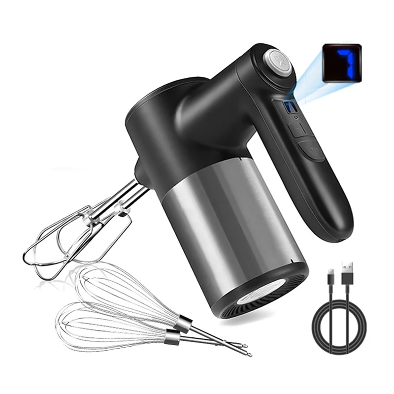 B84B-Cordless Hand Mixer,Digital Display 7 Speed Rechargeable Electric With 4 Stainless Steel Attachments,For Baking,Eggs
