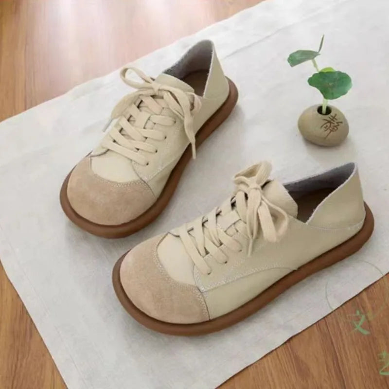 2025 New Wide Toe Shoes Women's Lace Up Sneaker Girls Half Slipper Sneakers Woman Faux Leather Vulcanized Sneakers New