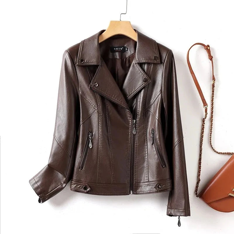 SpringAutumn 2025 New Sheep Leather Jacket Female Rivet Locomotive Slim Corium Leather Jacket Suit Collar Zipper Short Outwear