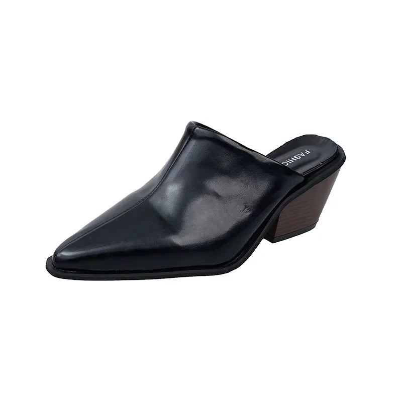 2024 Spring Summer New  Slippers Sexy Pointed Toe Slip on Shoes  Mules Female Fashion Thick Heel Outdoor Dress Sandals