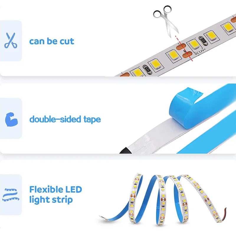 12V 24V 5m LED Strip Light 2835 120/180/240 LEDs Flexible Tape Bright 8mm PCB  Home Decoration