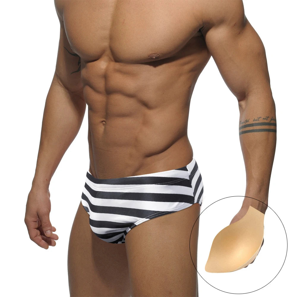 Striped Mens Sponge Cup Bathing Suit Sexy Low Waist Quick Dry Swimwear Summer Male Sunga Sport Beach Board Bikini Surfing Briefs