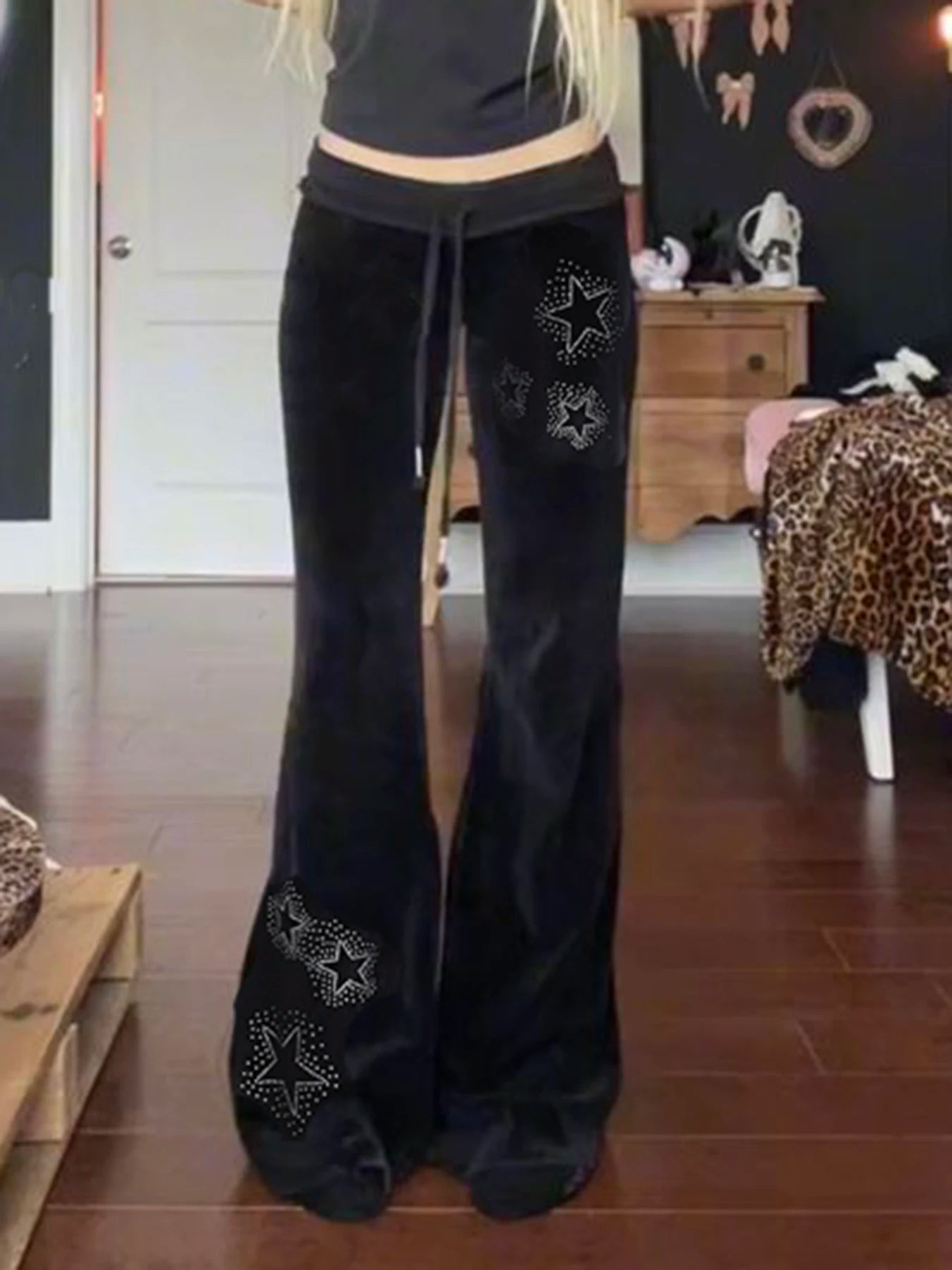 AltGoth Y2k Streetwear Gothic Velvet Pants Women Dark Cyber Punk Harajuku Grunge Pentagram Printed Low Waist Stright Pants Femme