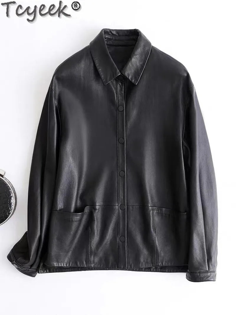 Tcyeek Genuine Leather Jacket Women Autumn Real Sheepskin Coats Black Leather Coat Womens Clothing Loose Fit Jaqueta De Couro