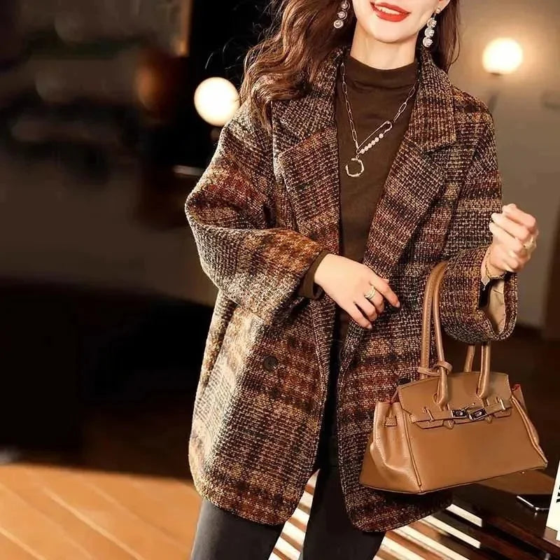Plaid Suit Woolen Coat Women Autumn Winter New Korean Fashion Loose Woolen Coat Mid-Length Wool Blazer Overcoat Woman Jacket