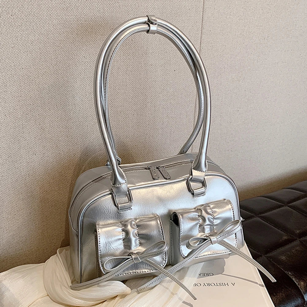 Women Trendy Handbags Double Pockets PU Leather Fashion Shoulder Bag with Bow Stylish Underarm Bag Solid Color for Outdoor Party