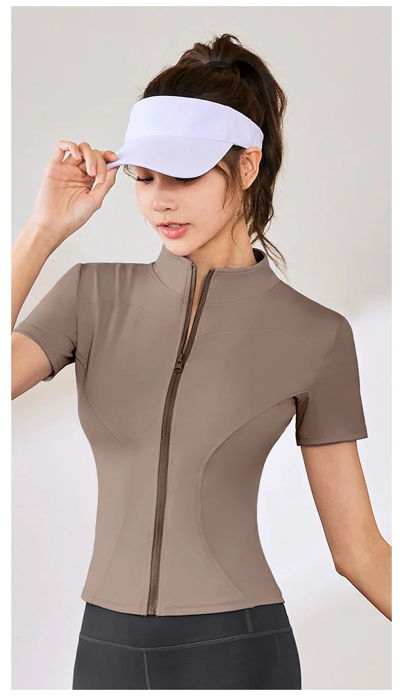 Summer High Quality Waist Slimming Training Tops Women's Quick-drying Tight Stand Collar Full Zipper Short Sleeves Yoga shirts