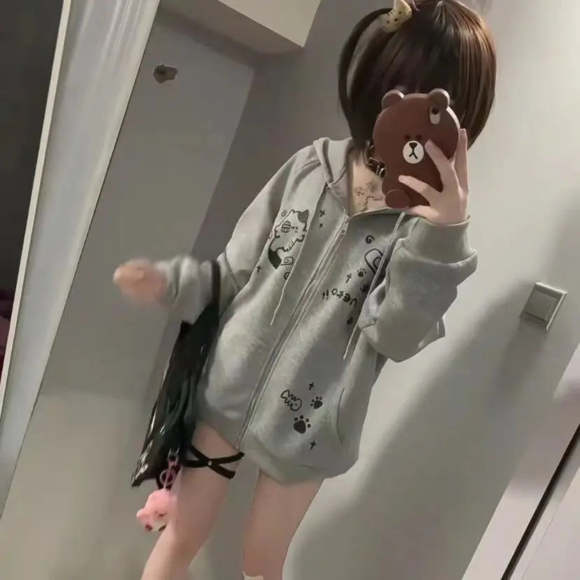 Spring Autumn Jackets Cute Cats Print Zip Up Hoodie Women Streetwear Sweatshirt Y2k Tops Cartoon Japanese Coat Grunge Black Gray