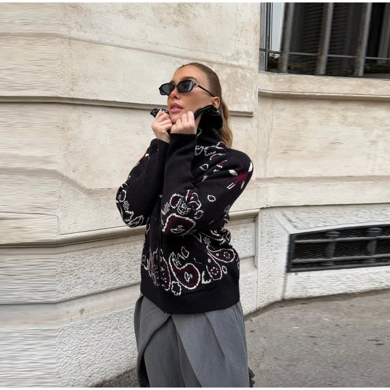 Jacquard Knitted Women's Cardigan Sweater Fashion Zipper Loose Pocket Casual Lady Sweaters 2026 Spring Street Long Sleeve Top