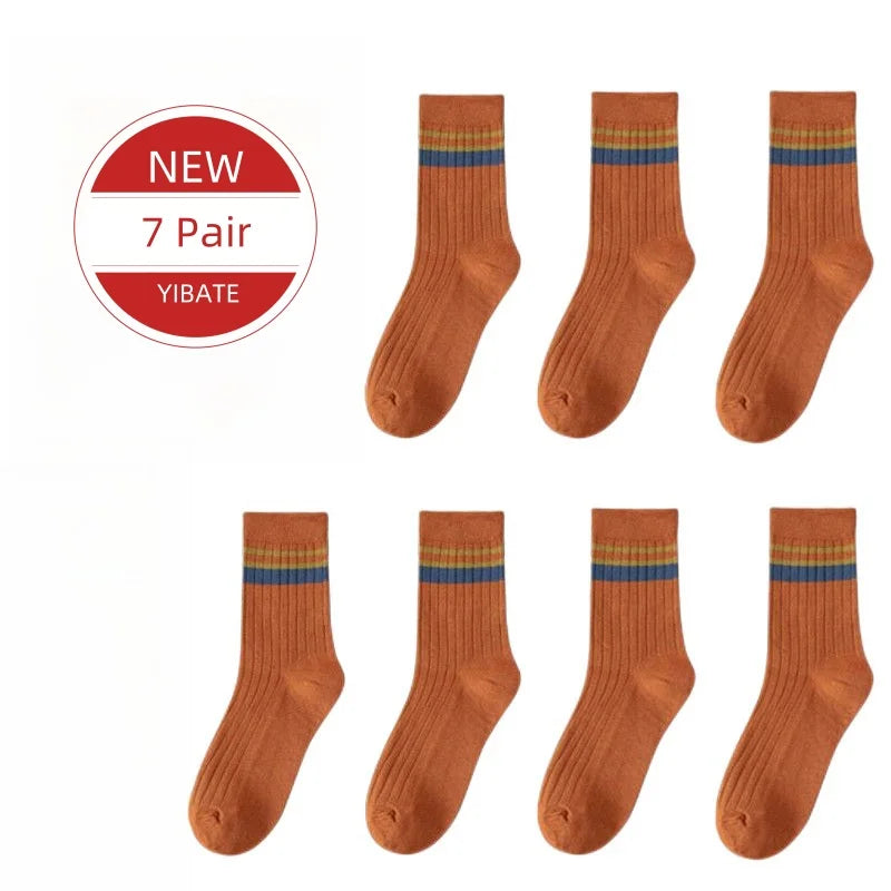 7 Pairs of Men's Striped Socks Fashionable Casual Socks High Quality Harajuku Retro Socks for Men Large Size Long Socks