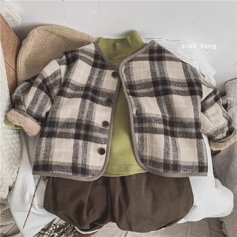 Winter Plush Kids Jackets Kids Outdoor Thicken Warm Coats Woolen Fashion Plaid Children's Velvet Jacket Boys Girls Cotton Jacket