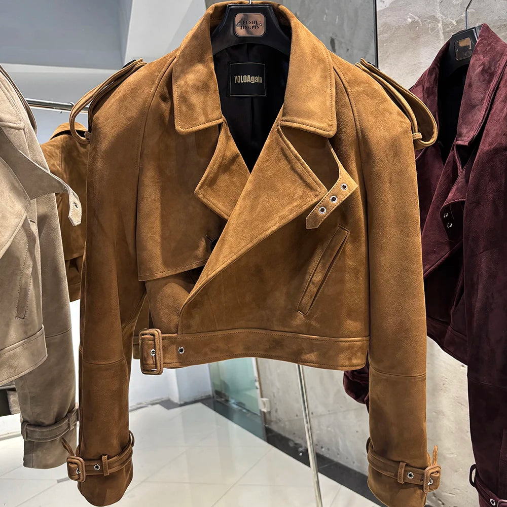 YOLOAgain Wide Shoulder Real Leather Jacket Women Oversized Genuine Leather Cropped Jacket