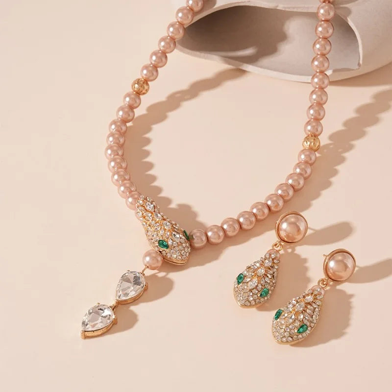 Snake Necklaces Drop Earrings Jewelry Set Luxury Rhinestone Imitation Pearl Beaded Chain Necklace for Party Wedding Bridal Gifts