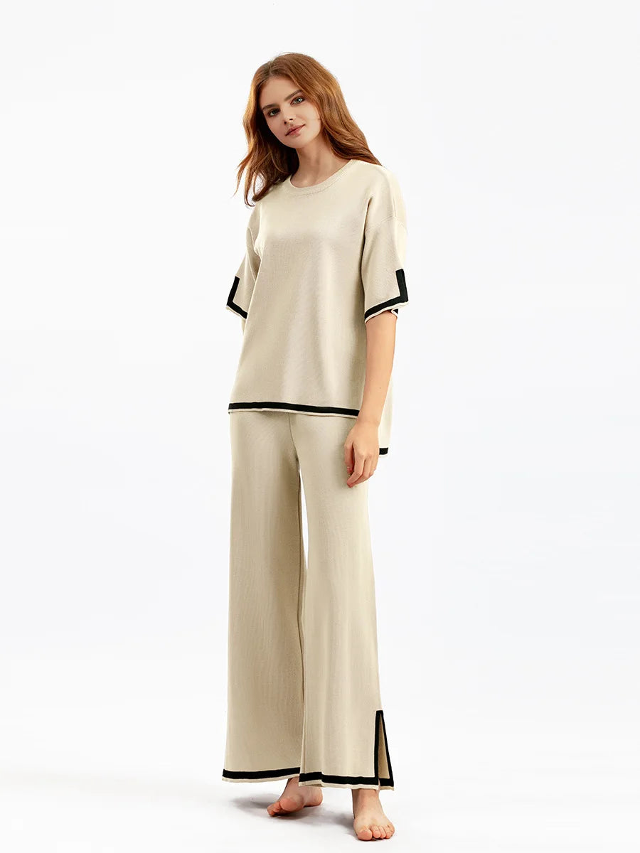 Pants Set Women Two Piece Sets Short Sleeve Spring Knit Tops Loose Casual Wide Leg Long Pants High Waist Y2k Streetwear Spring