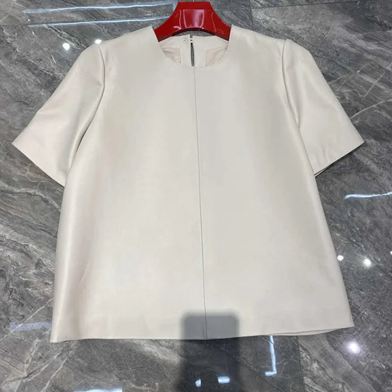 Genuine Leather Tops for Women 2025 Spring/Summer Short Straight Sleeve Round Neck Pullover Shirts & Blouses Thin Suede Blusas