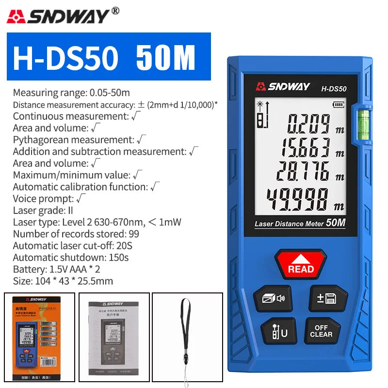 SNDWAY Laser Distance Meter 50m 70m 100m 120m Rangefinder Digital Range Finder Trena Roulette Ruler Distance Measuring Tape