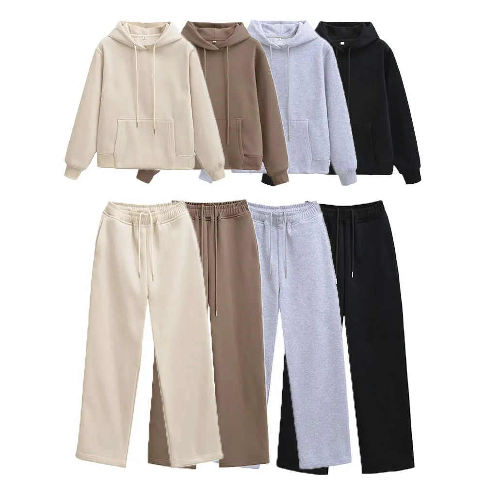 HH Women Solid Pants Suits Pullover Coats Hooded Sweatshirts Drawstring Wide Leg Trousers Autumn Casual Woman Jogging Pants Sets