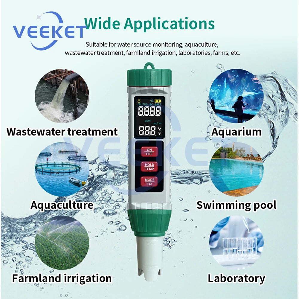 X51 Digital Water Quality Monitor Tester TDS PH Meter PH/TDS/EC/SALT/Temperature Meter for Pools Drinking Water Aquariums