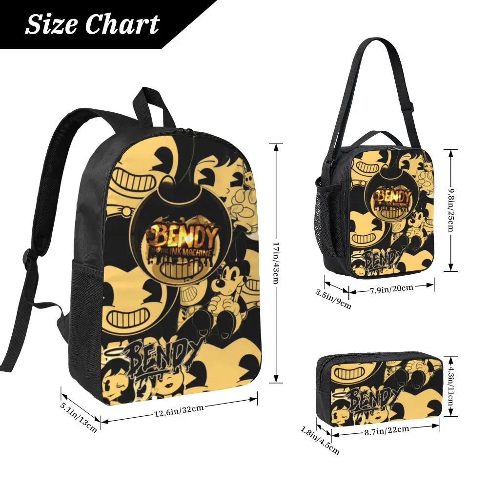 3Pcs Bendys And The Dark School bags Set for Boy Girl Pen Bags Backpack Sets with Lunch Box For School Students Knapsack