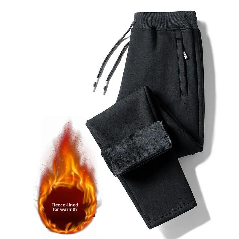 Loose Men's Fleece Lined Trousers Spring Autumn Winter Casual Wear Youth Style Pure Color Cuffed Sports Pants for Students
