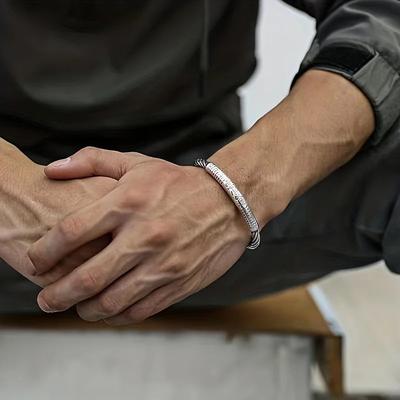 Sterling Silver Personality Retro Six-Character Mantra Leather Bracelet Fashion Woven Men's Bracelet