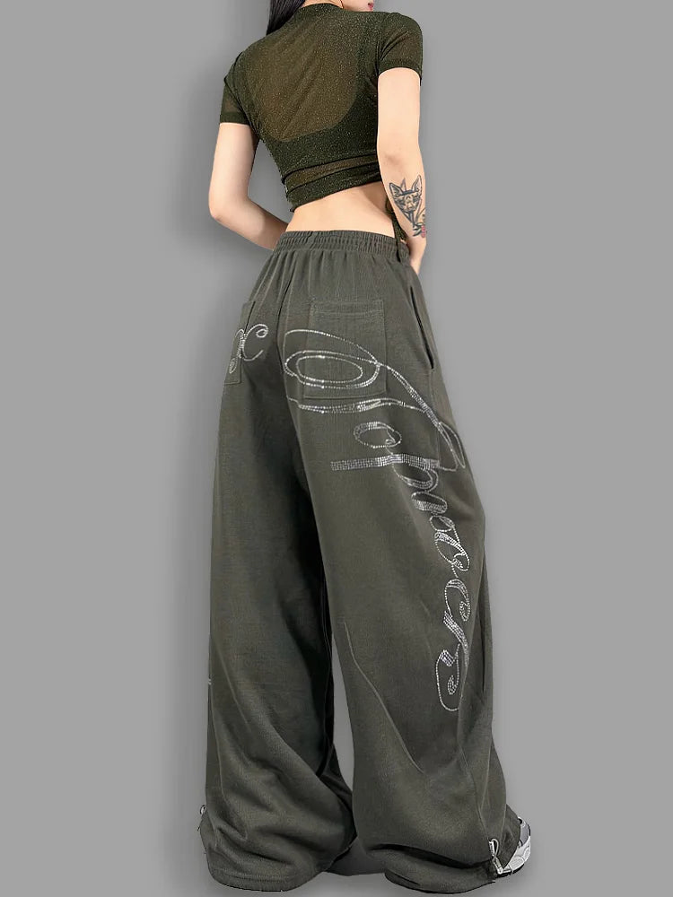 ROKBBK-K Glitter High Waist Wide Leg Pants Women's Street Dance Casual Loose Fashion Cotton Drill Lettering Trousers