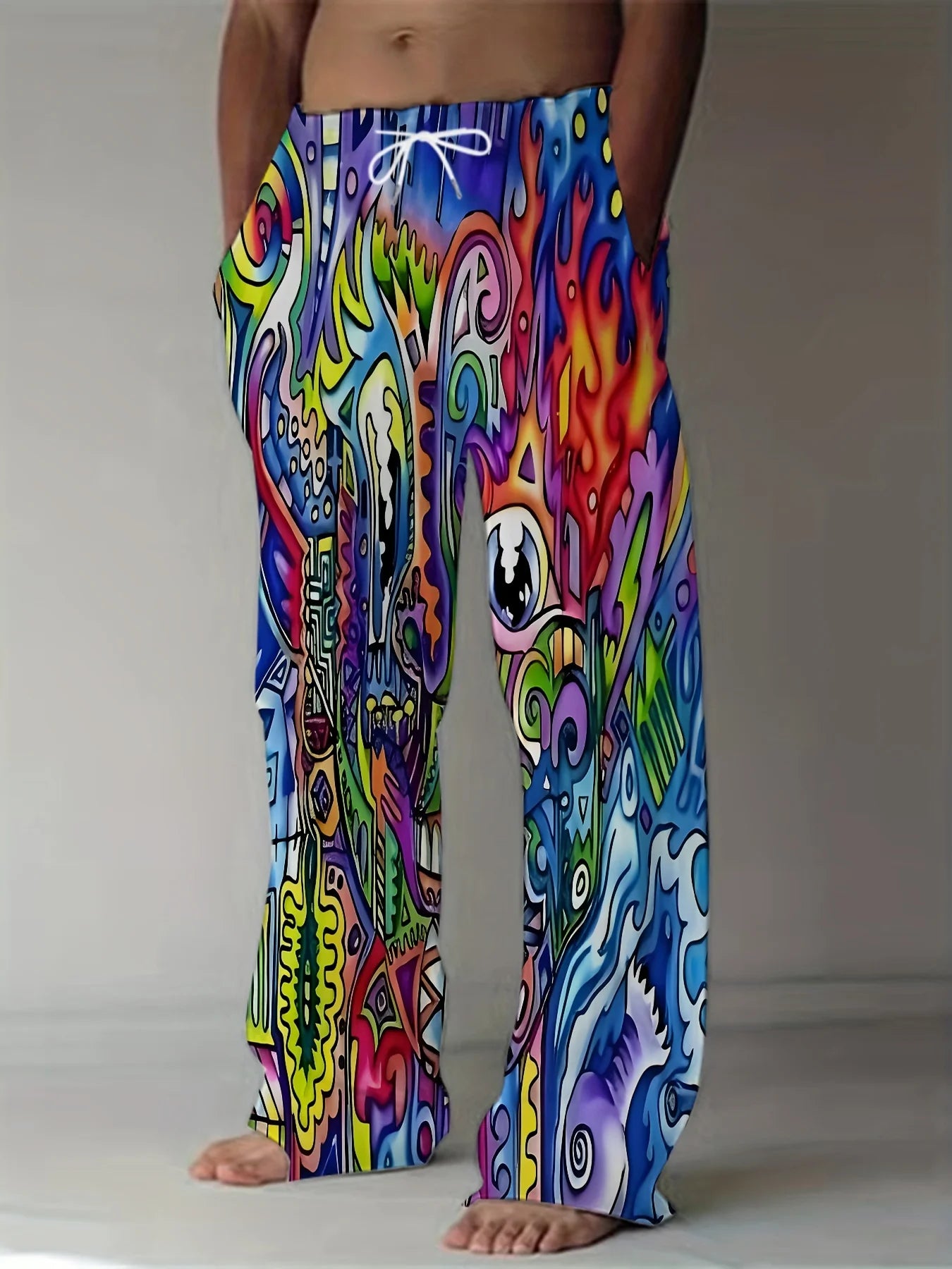2025 New Men's Pants, Summer Beach Pants, Drawn-out Pocket Casual Pants, Abstract Texture Printed Men's Pants, Cheap Roupa