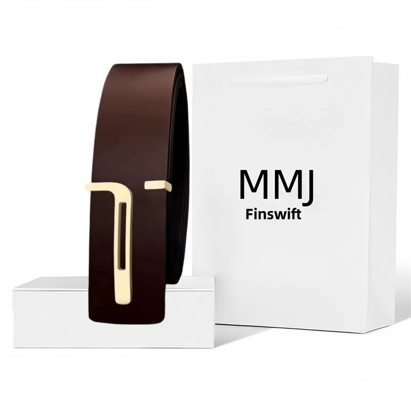 Genuine Leather Belt - Smooth Plate Buckle with Precise Holes Cowhide Adjustable Waist Strap for Business Suits Wide Minimalist