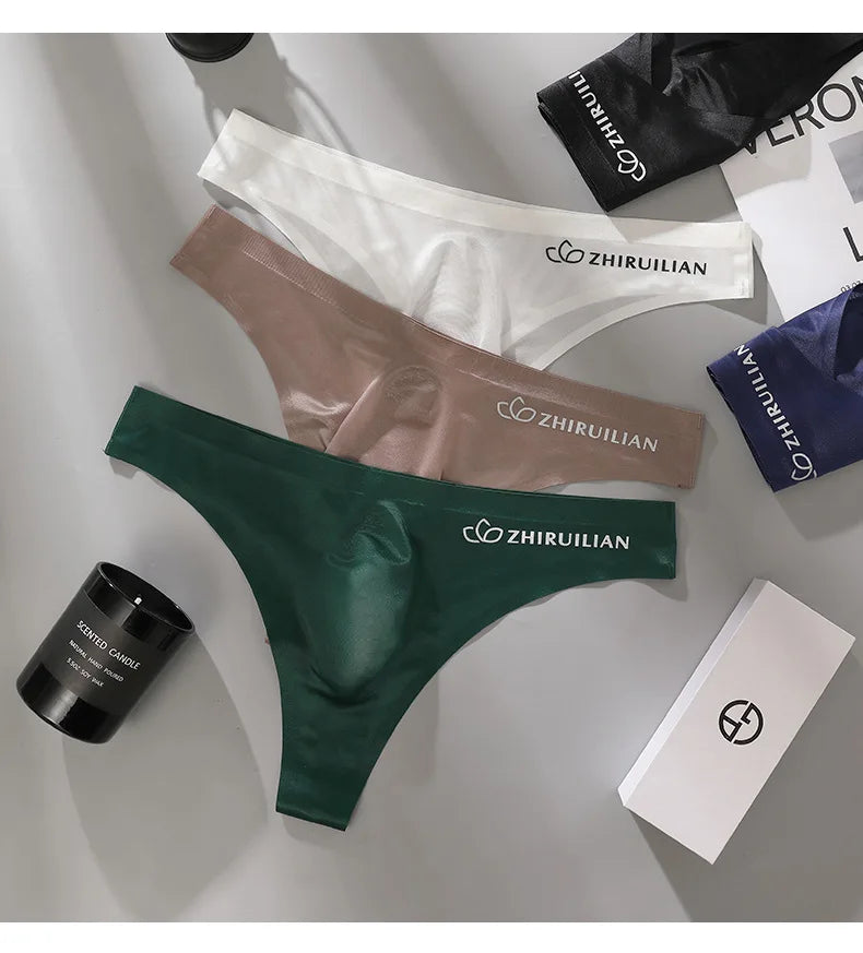 Men's Thongs Low Waist Underwear Sexy Ice Silk T-Back Panties Breathable Quick Drying G-string Seamless Ultra-thin Underpants