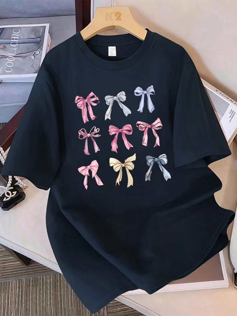 Summer T-Shirts Cotton Womens Colorful Bow Tie Printing Short Sleeve Comfortable Soft O-Neck Tops Holiday Casual Womans Clothes